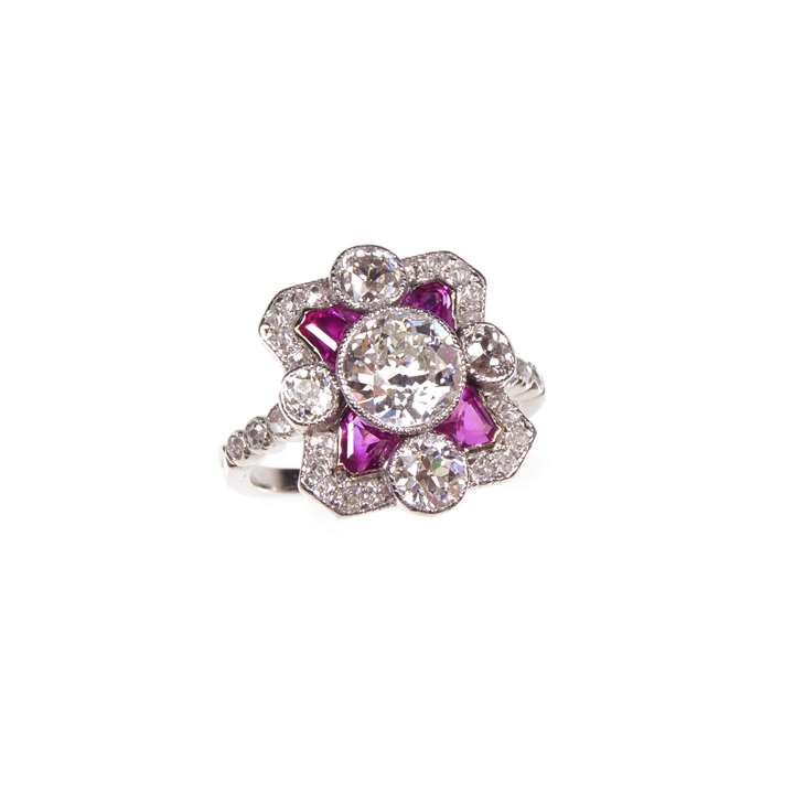Early 20th century diamond and ruby cluster ring